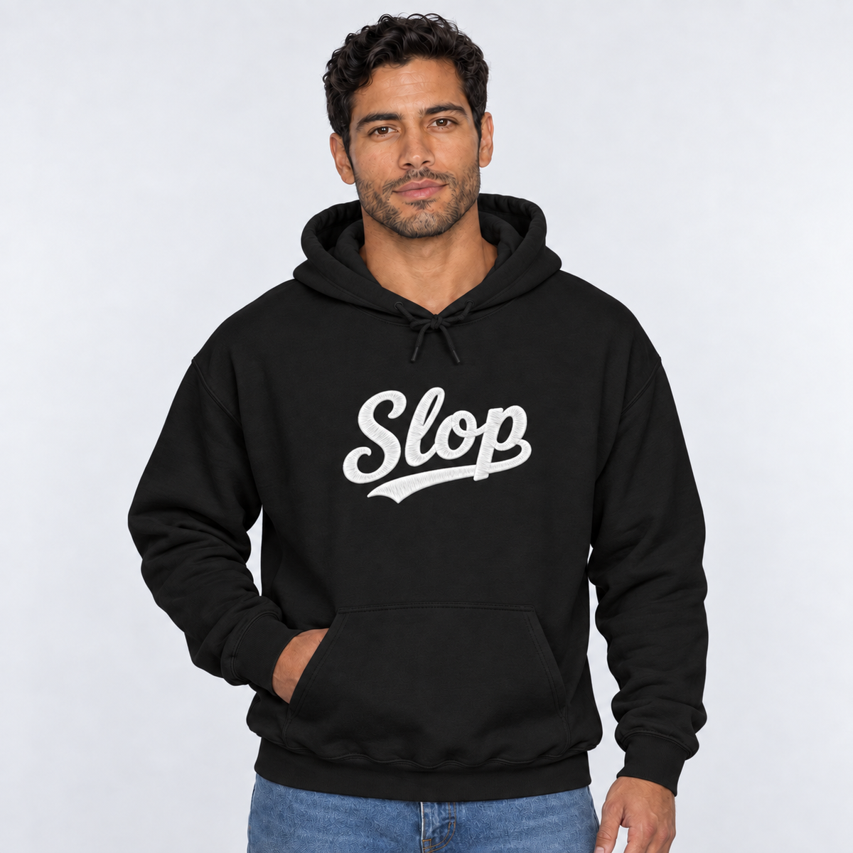 Model wearing the black Slop script embroidered hoodie with white stitching, fourth view.