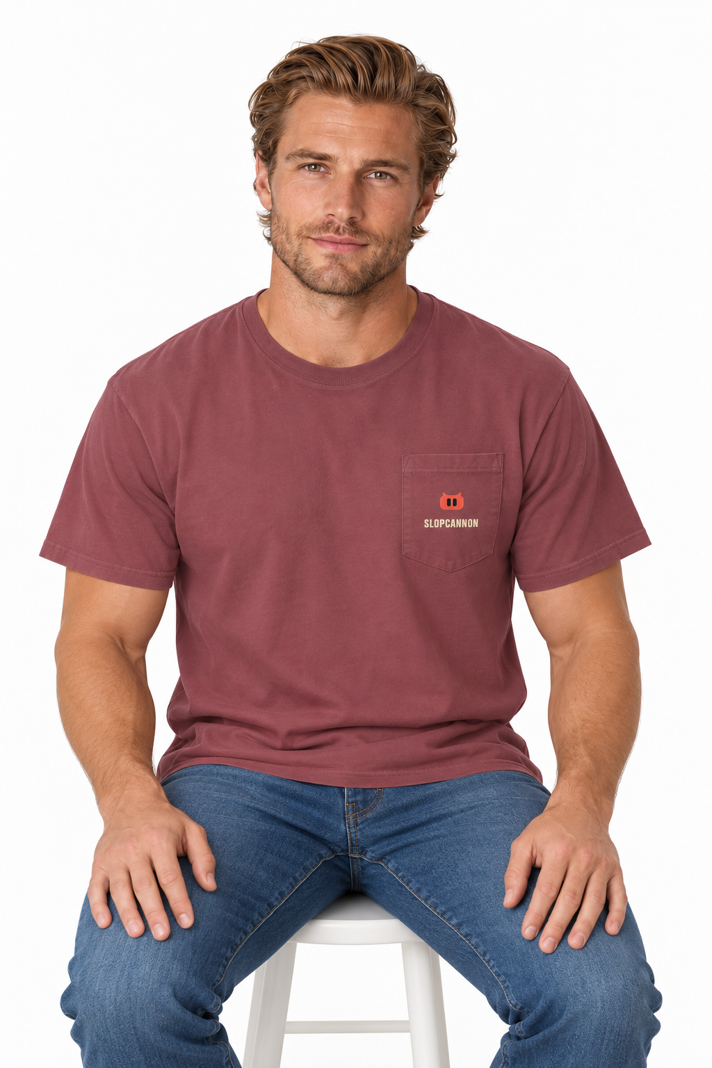 SLOPCANNON Pocket Tee in Brick, worn by a model