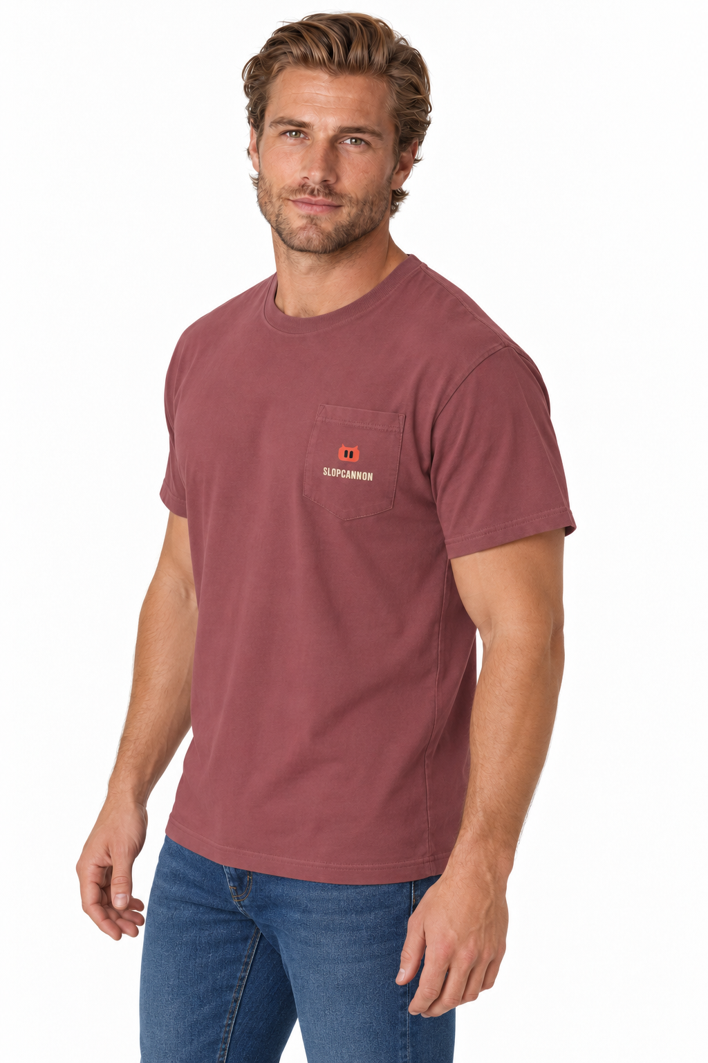 SLOPCANNON Pocket Tee in Brick, worn by a model