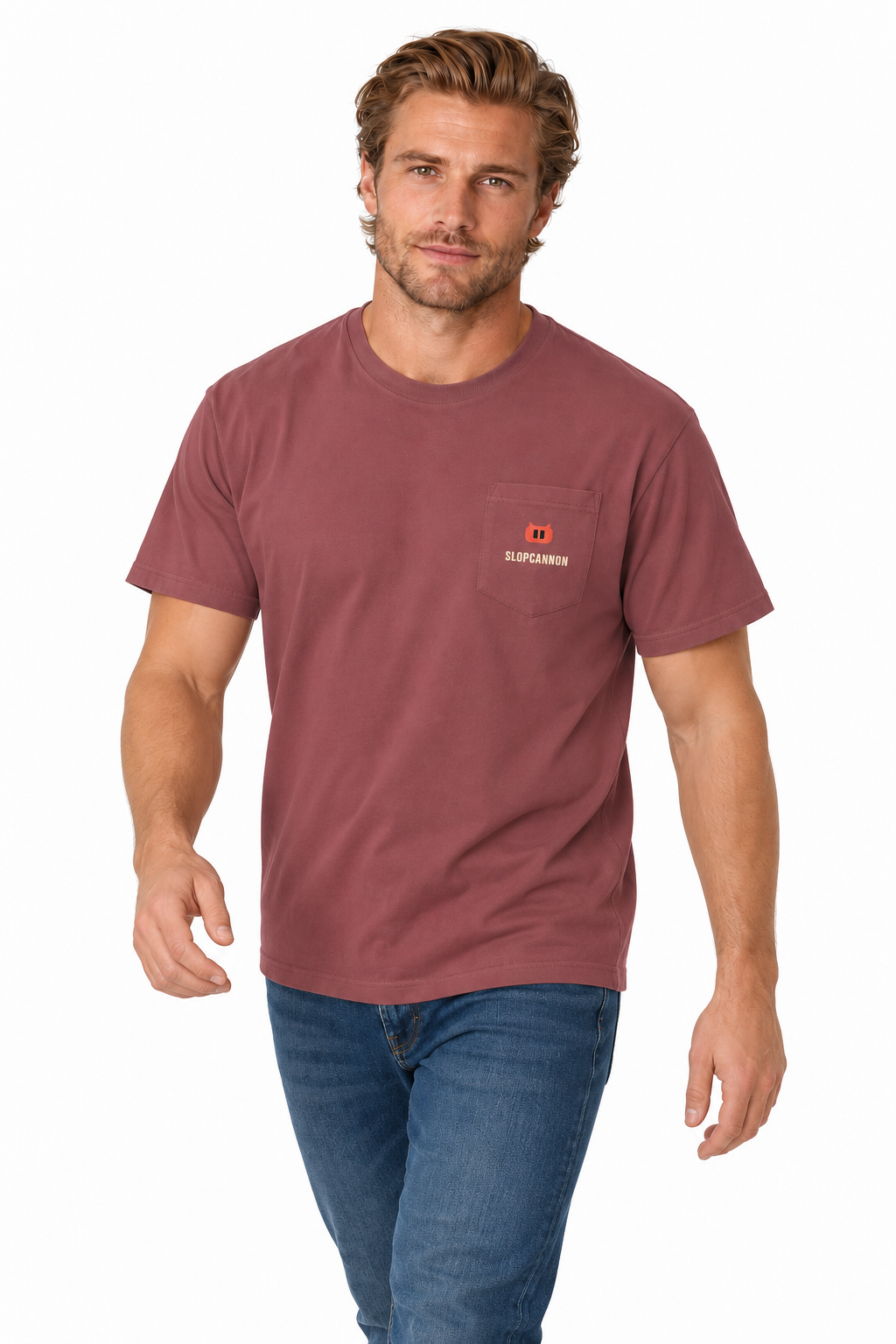 SLOPCANNON Pocket Tee in Brick, worn by a model