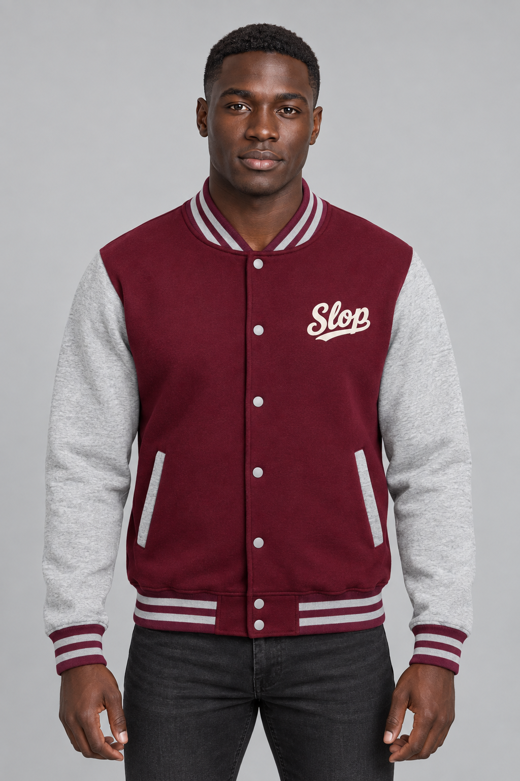 Man wearing the Ivory Script Varsity Jacket in Burgundy/Heather Grey