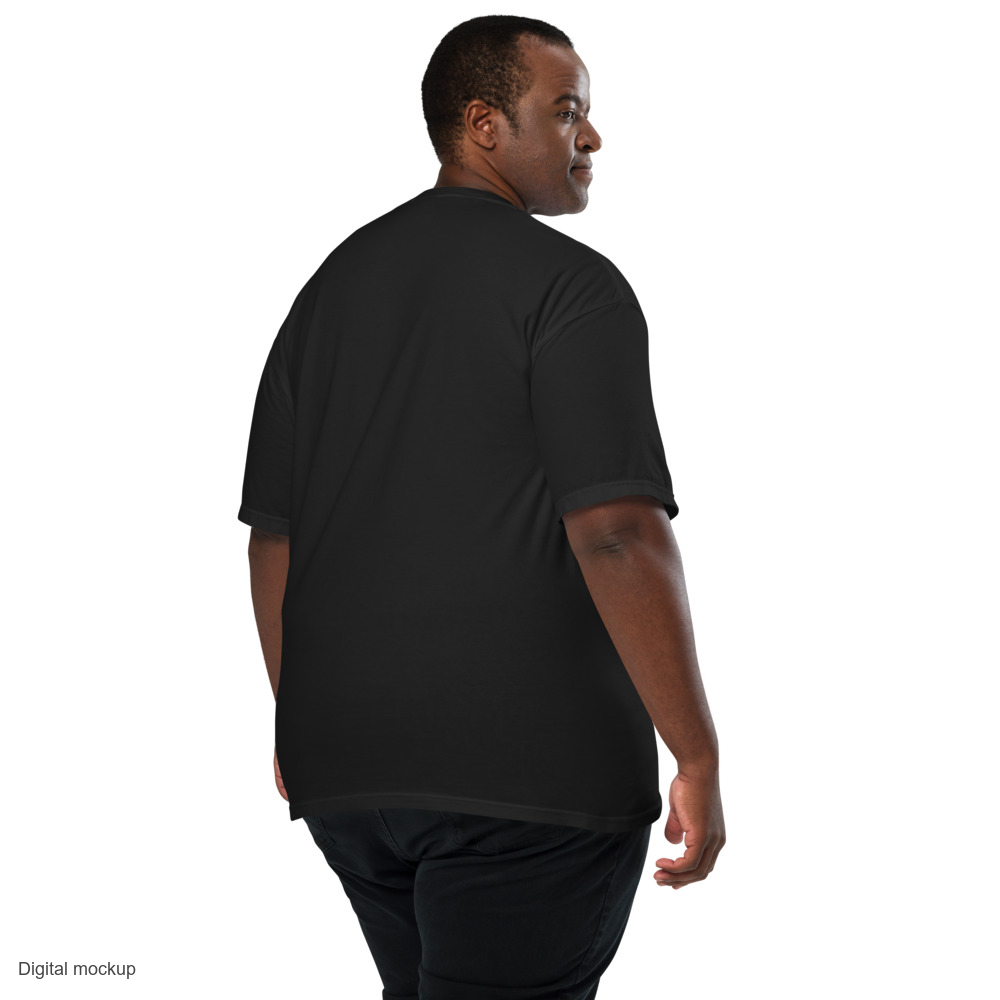 Cabinet All Access tee — Black — Men's 2 back model view; tee only; Comfort Colors 1717; digital mockup; plain back, no rear print.