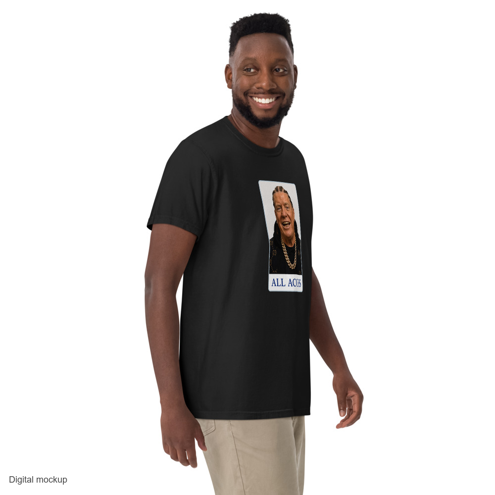 Cabinet All Access tee — Black — Men's 3 walking front model view; tee only; Comfort Colors 1717; digital mockup with exact supplier garment and approved refined print placement.