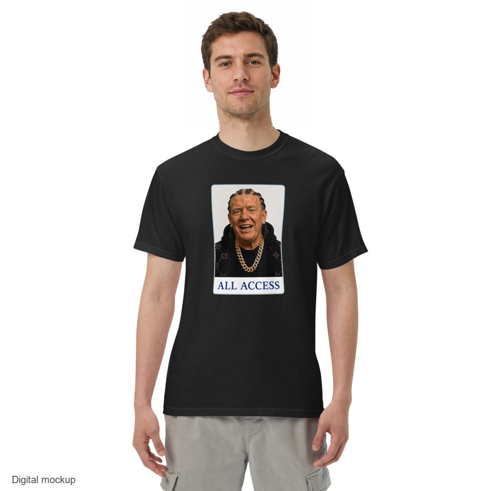 Cabinet 78 All Access tee — Black — front model view; tee only; Comfort Colors 1717; digital model mockup with exact supplier garment and print.
