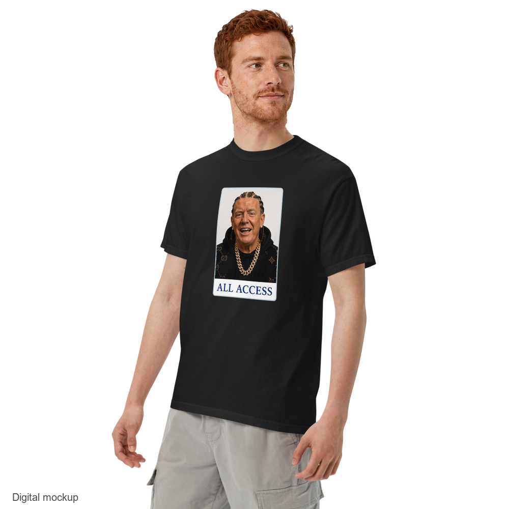 Cabinet 78 All Access tee — Black — three-quarter model view; tee only; Comfort Colors 1717; digital model mockup with exact supplier garment and print.