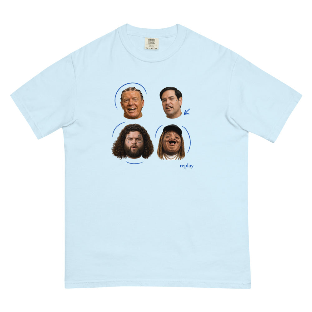 Cabinet Replay tee — Chambray — Flat front with the approved refined placement; exact Comfort Colors 1717 supplier digital mockup, one tee.