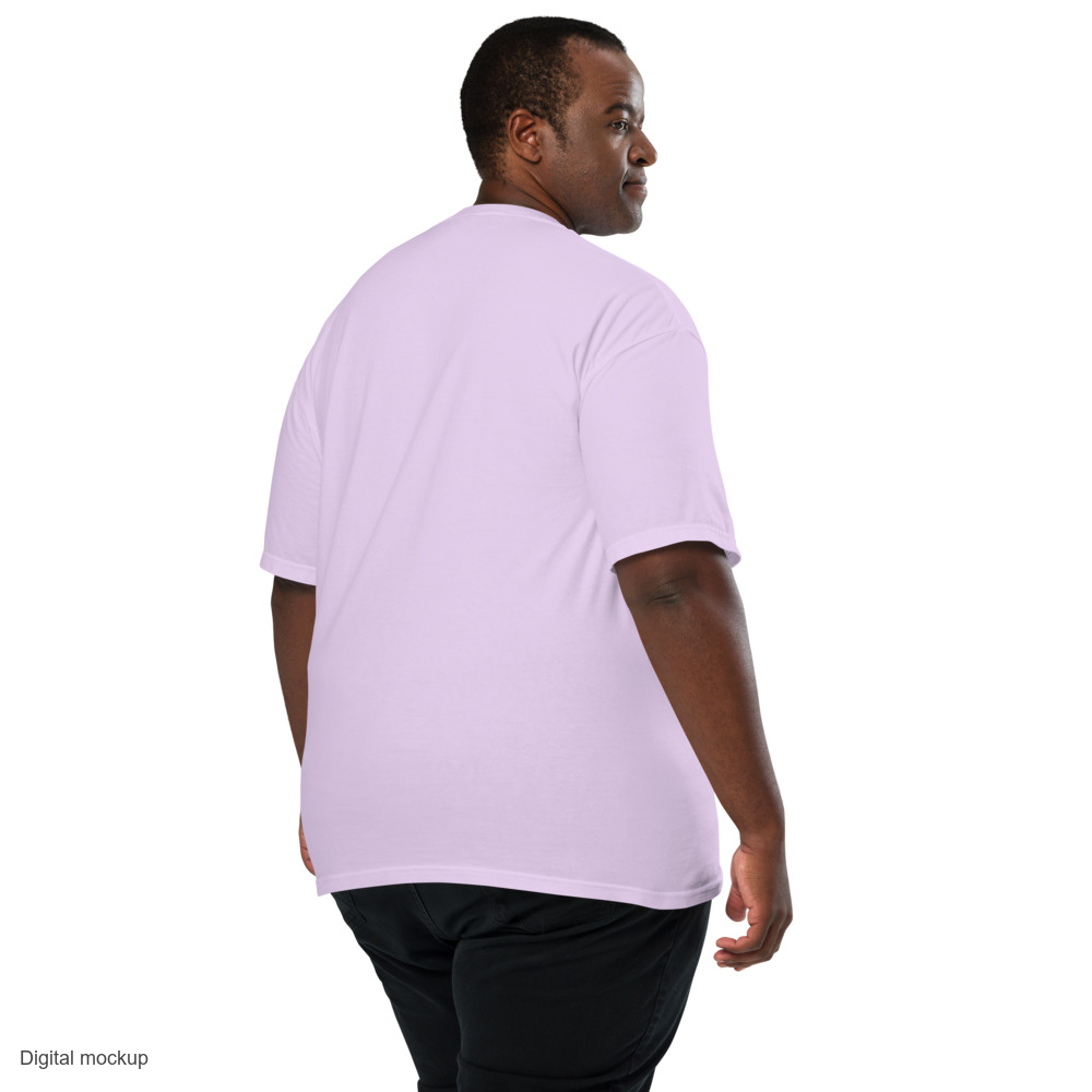 Cabinet Replay tee — Orchid — Men's 2 back model view; tee only; Comfort Colors 1717; digital mockup; plain back, no rear print.