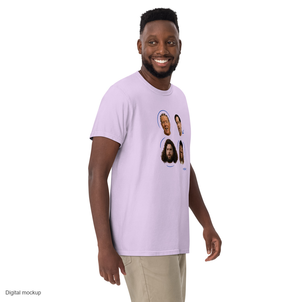 Cabinet Replay tee — Orchid — Men's 3 walking front model view; tee only; Comfort Colors 1717; digital mockup with exact supplier garment and approved refined print placement.
