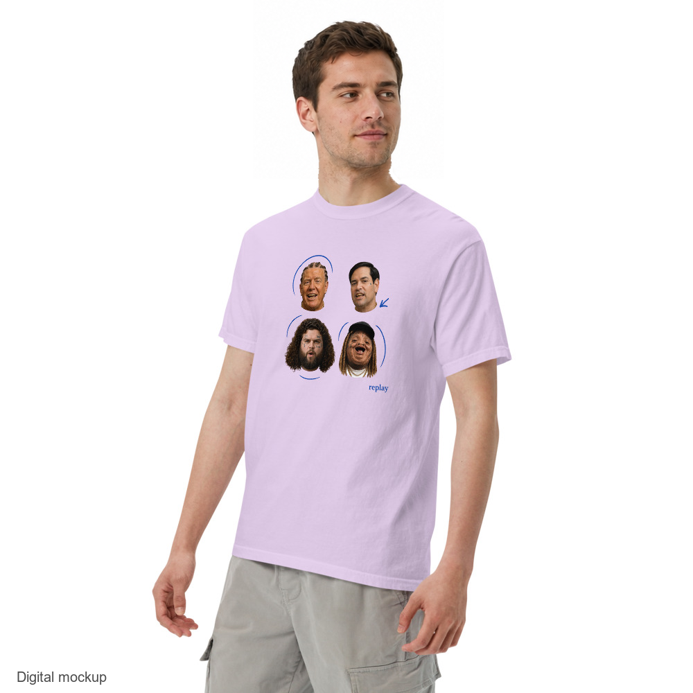 Cabinet 81 Replay tee — Orchid — three-quarter model view; tee only; Comfort Colors 1717; digital model mockup with exact supplier garment and print.