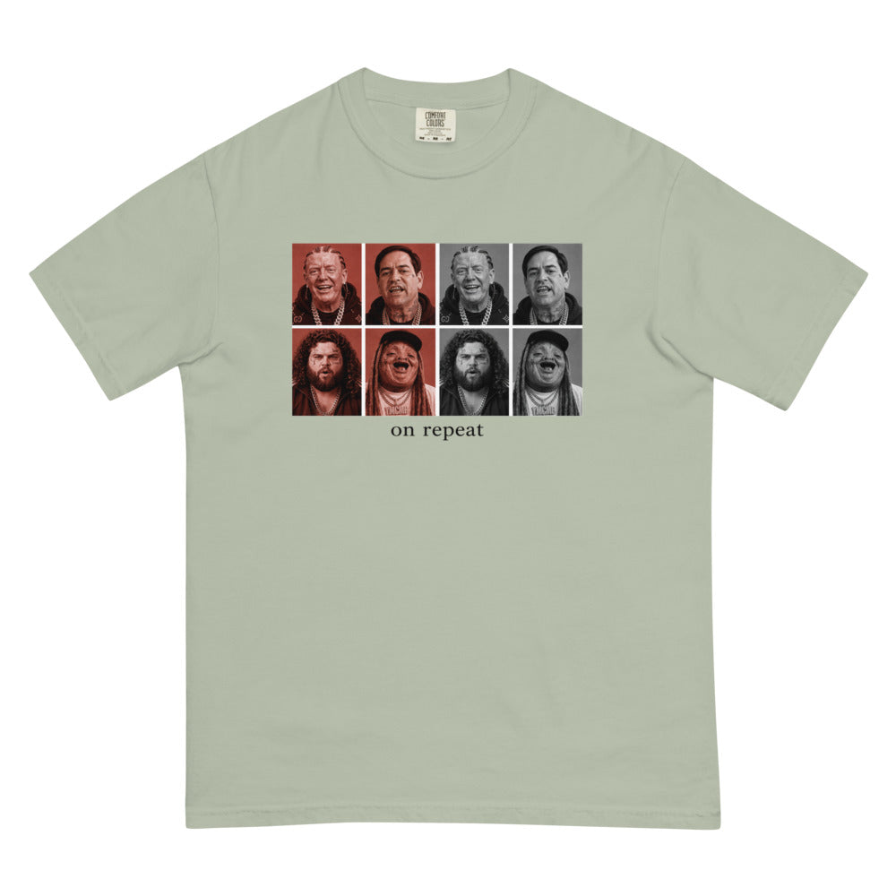 Cabinet On Repeat tee — Bay — Flat front with the approved refined placement; exact Comfort Colors 1717 supplier digital mockup, one tee.