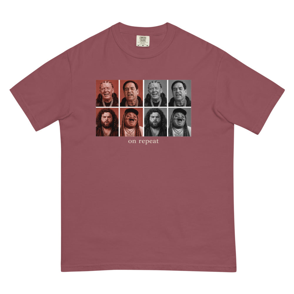 Cabinet On Repeat tee — Brick — Flat front with the approved refined placement; exact Comfort Colors 1717 supplier digital mockup, one tee.
