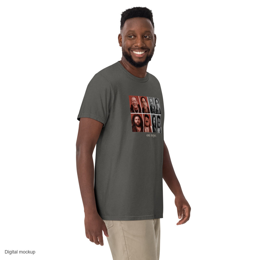 Cabinet On Repeat tee — Pepper — Men's 3 walking front model view; tee only; Comfort Colors 1717; digital mockup with exact supplier garment and approved refined print placement.