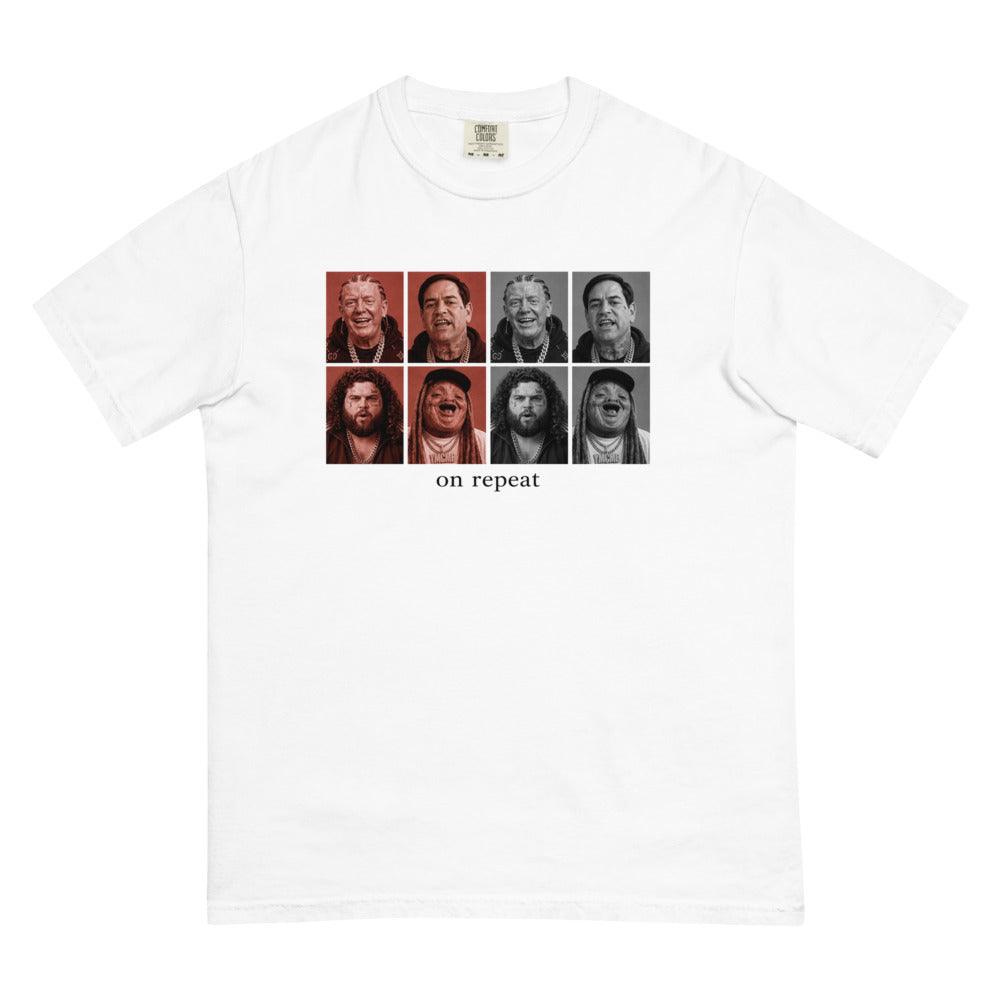 Cabinet On Repeat tee — White — Flat front with the approved refined placement; exact Comfort Colors 1717 supplier digital mockup, one tee.