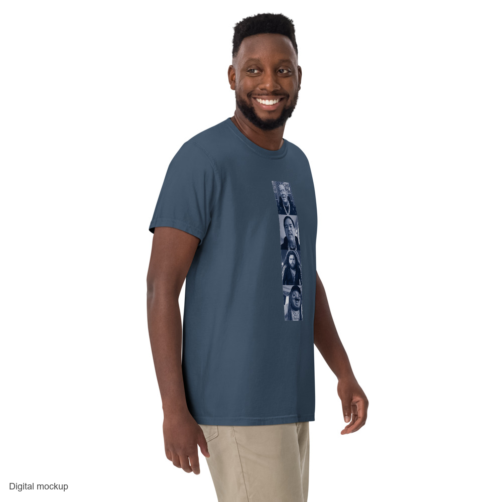Cabinet After Hours tee — Midnight — Men's 3 walking front model view; tee only; Comfort Colors 1717; digital mockup with exact supplier garment and approved refined print placement.
