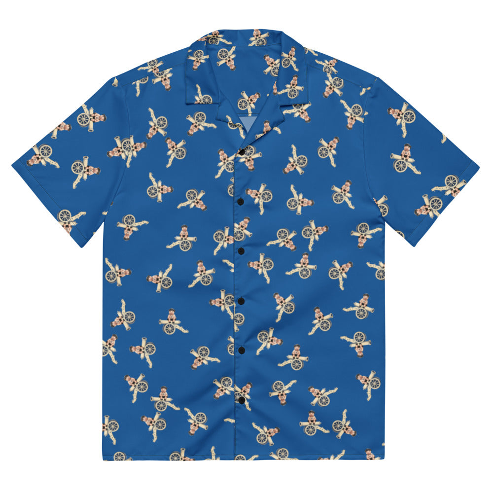 Cannon Beach button-up shirt — Cobalt — full front of the item with dense scattered small sitting-pig motifs; supplier digital mockup.