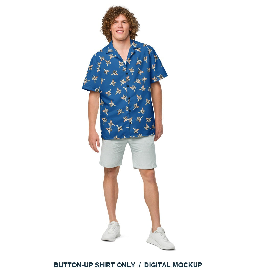 Cannon Beach Set 5B Button-Up Shirt — Cobalt — HA-M02 Rafael Torres male model wearing the exact configured button-up shirt, front view. Digital mockup.
