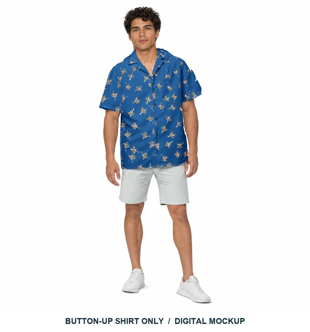 Cannon Beach Set 5B Button-Up Shirt — Cobalt — HA-M02 Rafael Torres male model wearing the exact configured button-up shirt, front view. Digital mockup.