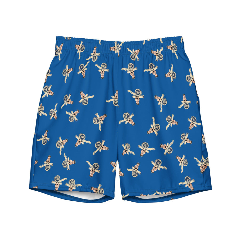 Cannon Beach lined swim trunks — Cobalt — full front of the item with dense scattered small sitting-pig motifs; supplier digital mockup.