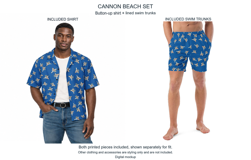 Cannon Beach Set — Cobalt — AA-M02 Malik Brooks male model wearing the exact configured button-up shirt beside the included swim-trunks view. Digital mockup.