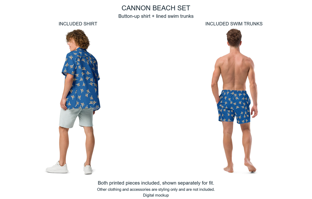 Cannon Beach two-piece set — Cobalt — rear model views of both included printed pieces, button-up shirt and lined swim trunks; exact current supplier images shown separately; other clothing and accessories excluded; digital mockup.