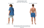 Cannon Beach two-piece set — Cobalt — rear model views of both included printed pieces, button-up shirt and lined swim trunks; exact current supplier images shown separately; other clothing and accessories excluded; digital mockup.