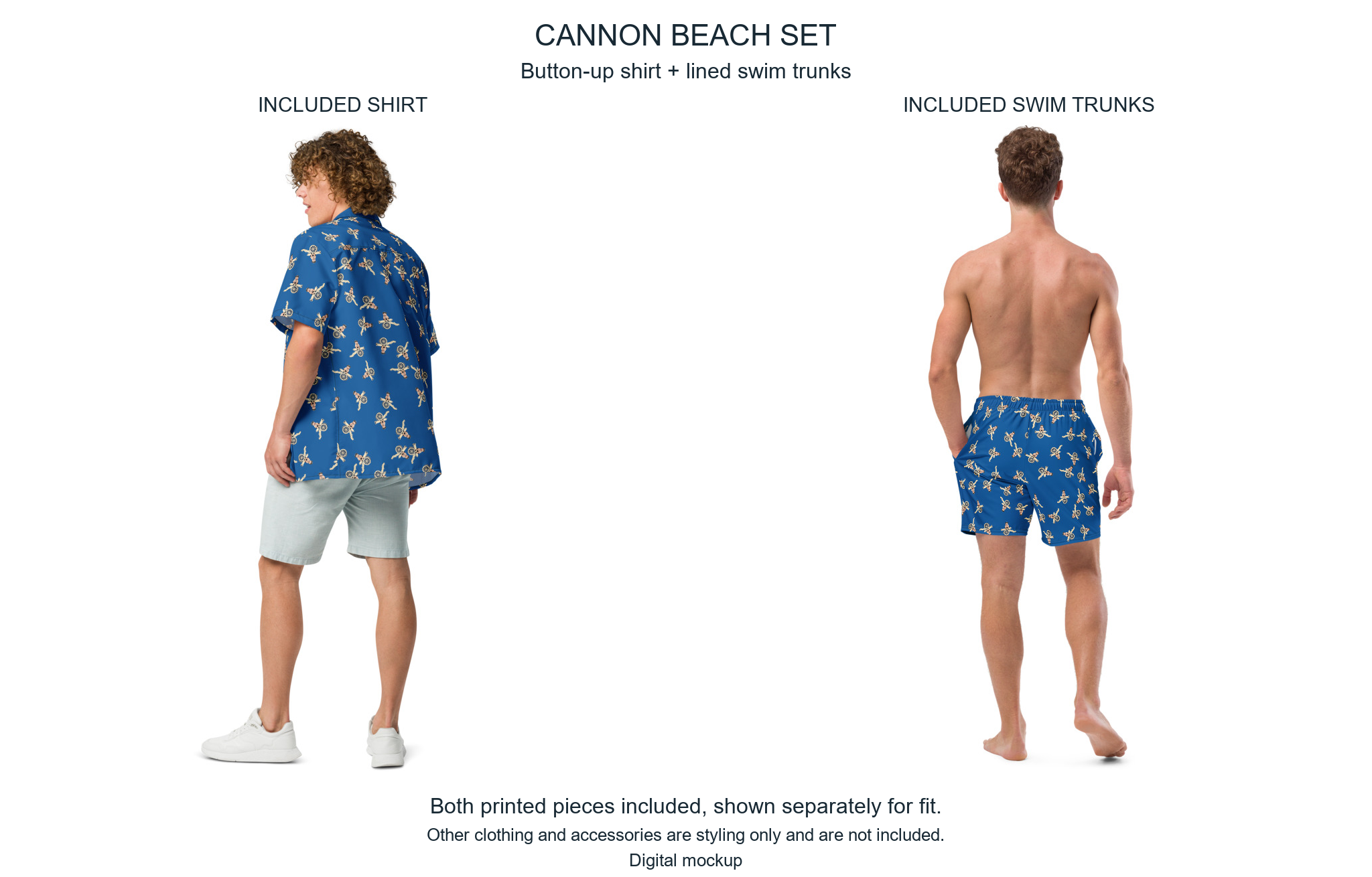 Cannon Beach two-piece set — Cobalt — rear model views of both included printed pieces, button-up shirt and lined swim trunks; exact current supplier images shown separately; other clothing and accessories excluded; digital mockup.