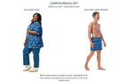 Cannon Beach two-piece set — Cobalt — side model views of both included printed pieces, button-up shirt and lined swim trunks; exact current supplier images shown separately; other clothing and accessories excluded; digital mockup.