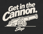 Close-up of the ivory Get in the Cannon field-cannon print on the Black tee