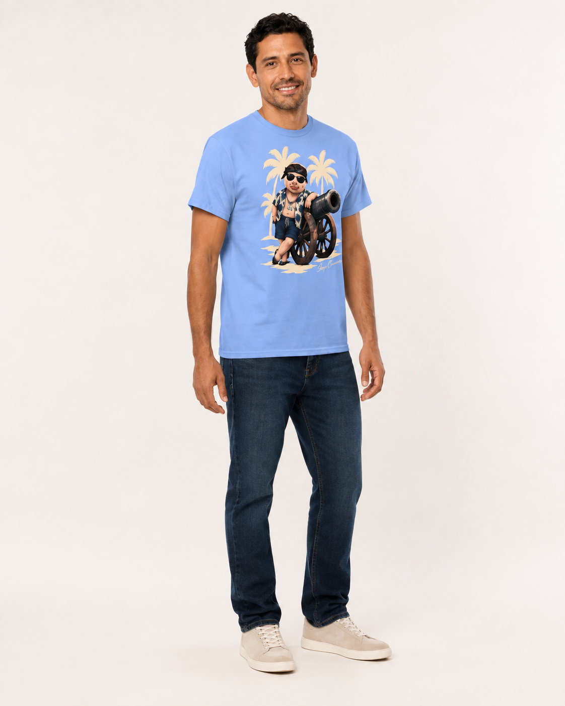 Cannon Country Club Tee — Pool Blue — styled studio three-quarter visualization. The supplier flat proof remains the production reference; this image is not a manufactured-sample photo.