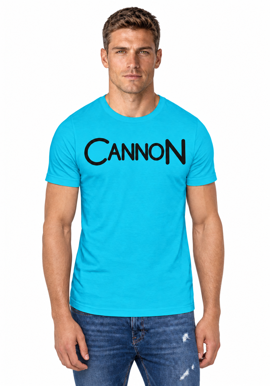 Cannon Scribble Tee — Aqua — CW-M20 fictional adult roster model, front standing view; exact supplier garment digital mockup.