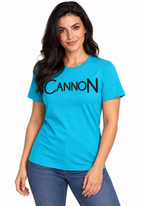Cannon Scribble Tee — Aqua — CW-F20 fictional adult roster model, three-quarter standing view; exact supplier garment digital mockup.