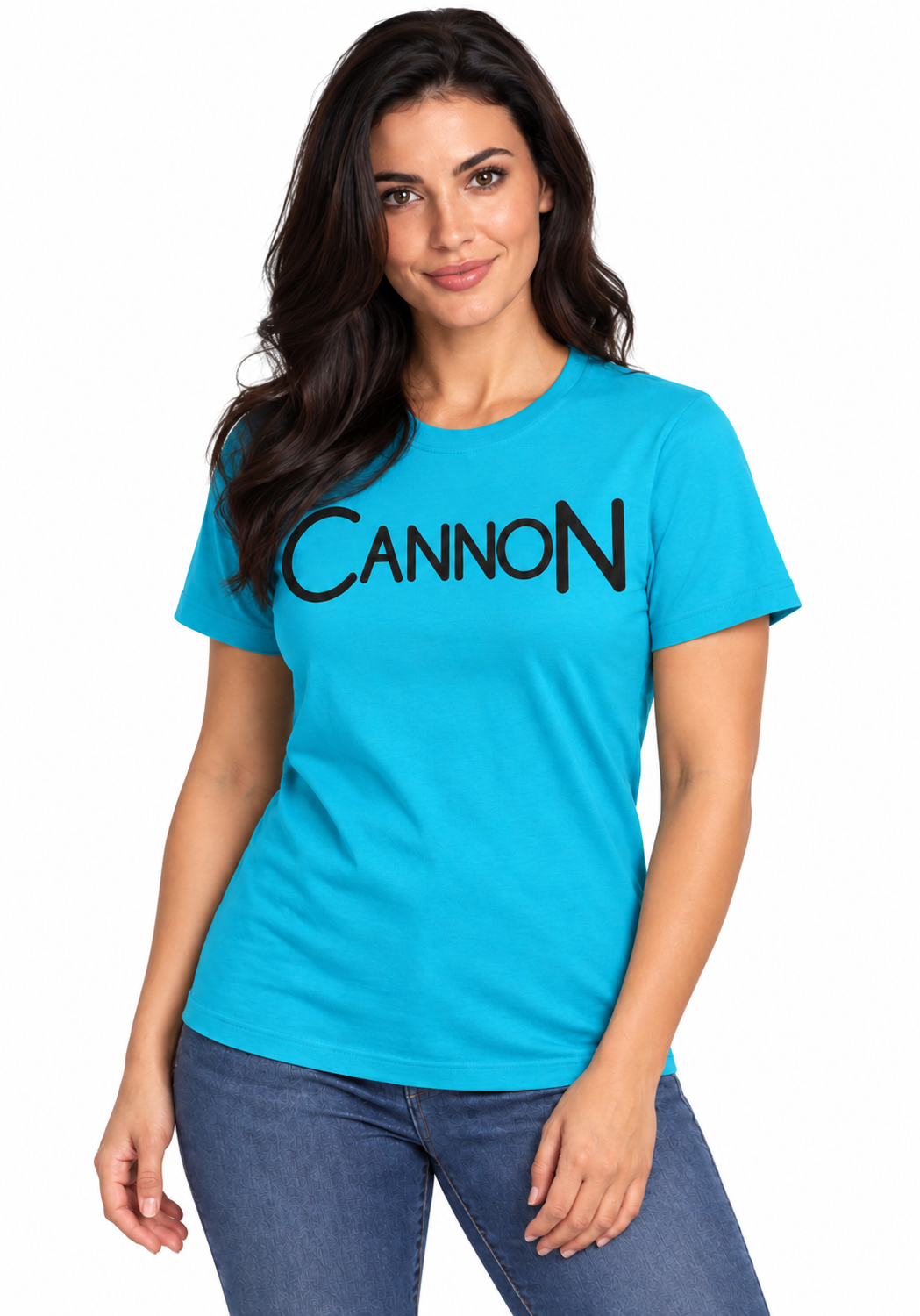 Cannon Scribble Tee — Aqua — CW-F20 fictional adult roster model, three-quarter standing view; exact supplier garment digital mockup.