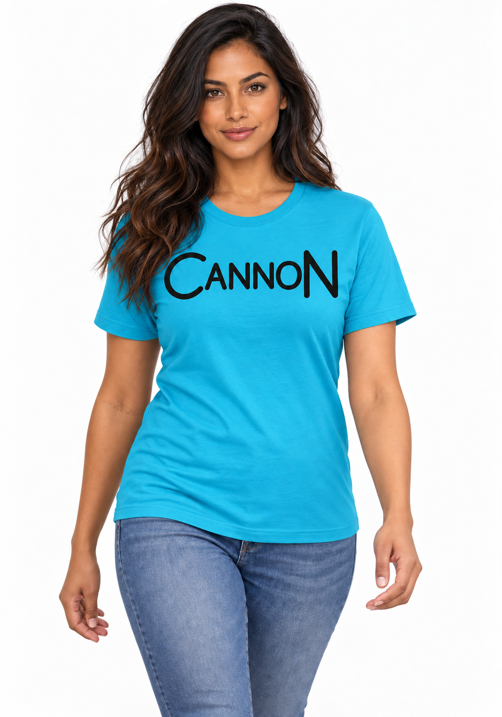 Cannon Scribble Tee — Aqua — HA-F01 fictional adult roster model, walking view; exact supplier garment digital mockup.