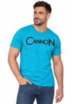 Cannon Scribble Tee — Aqua — CW-M21 fictional adult roster model, relaxed hand-in-pocket view; exact supplier garment digital mockup.