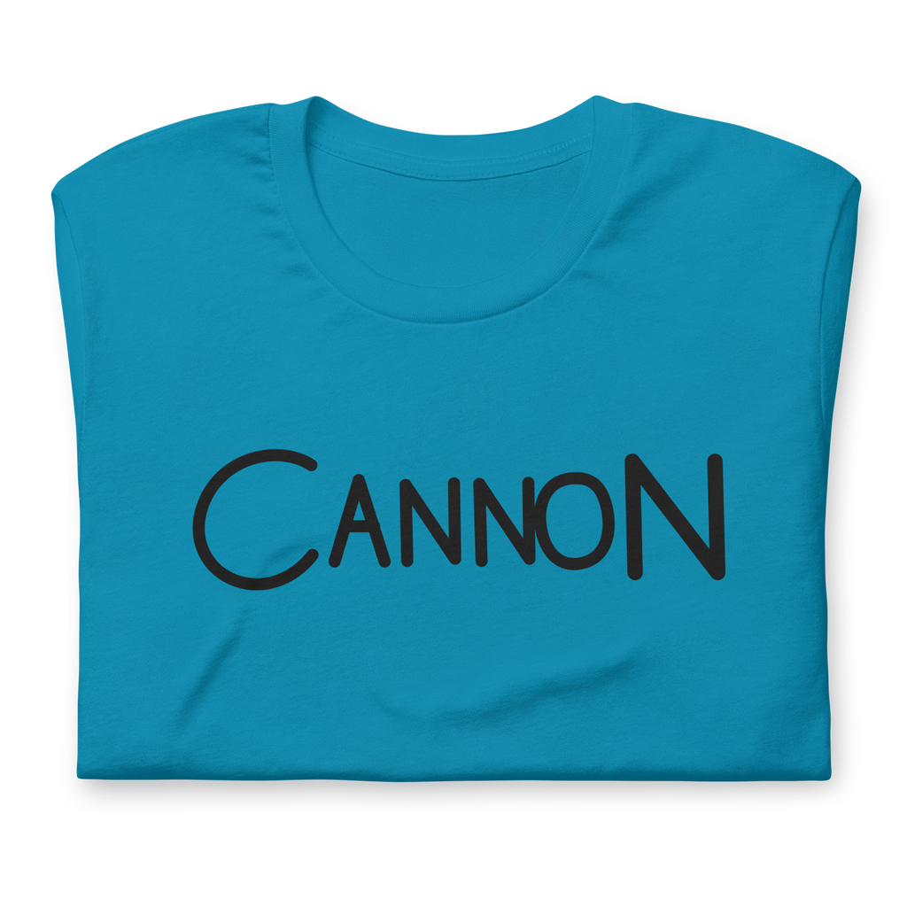 Cannon Scribble Tee in Aqua, Printful folded detail view