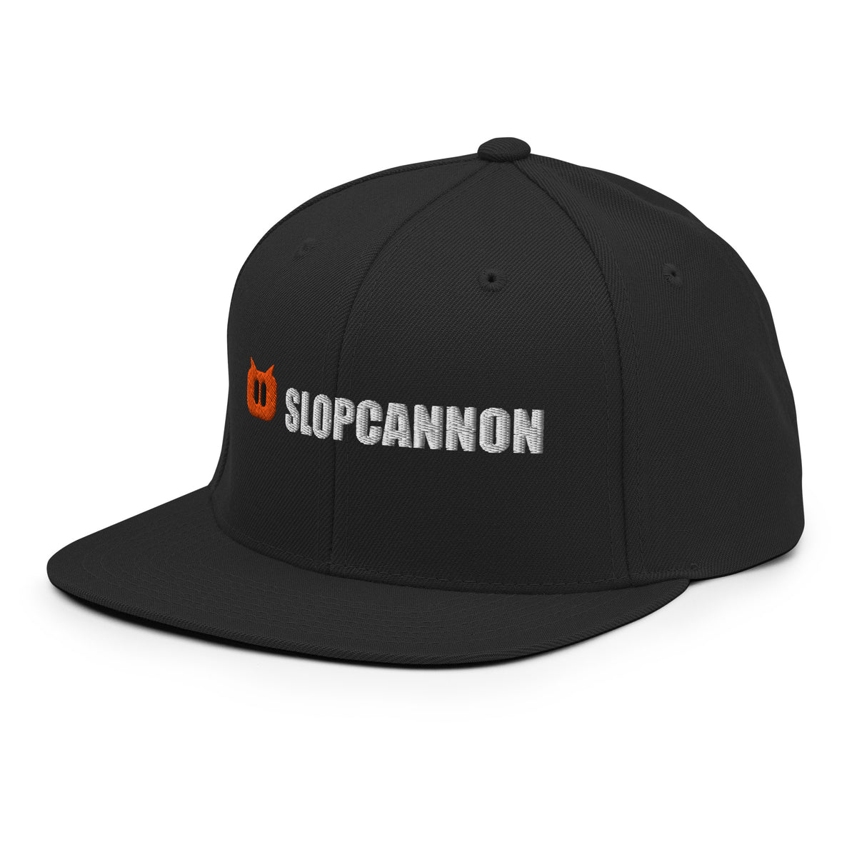 Black | SLOPCANNON Wordmark Flat-Brim Snapback | Left three-quarter product view