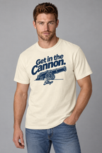 Man wearing the Get in the Cannon Tee in Ivory, standing