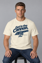 Man wearing the Get in the Cannon Tee in Ivory, seated