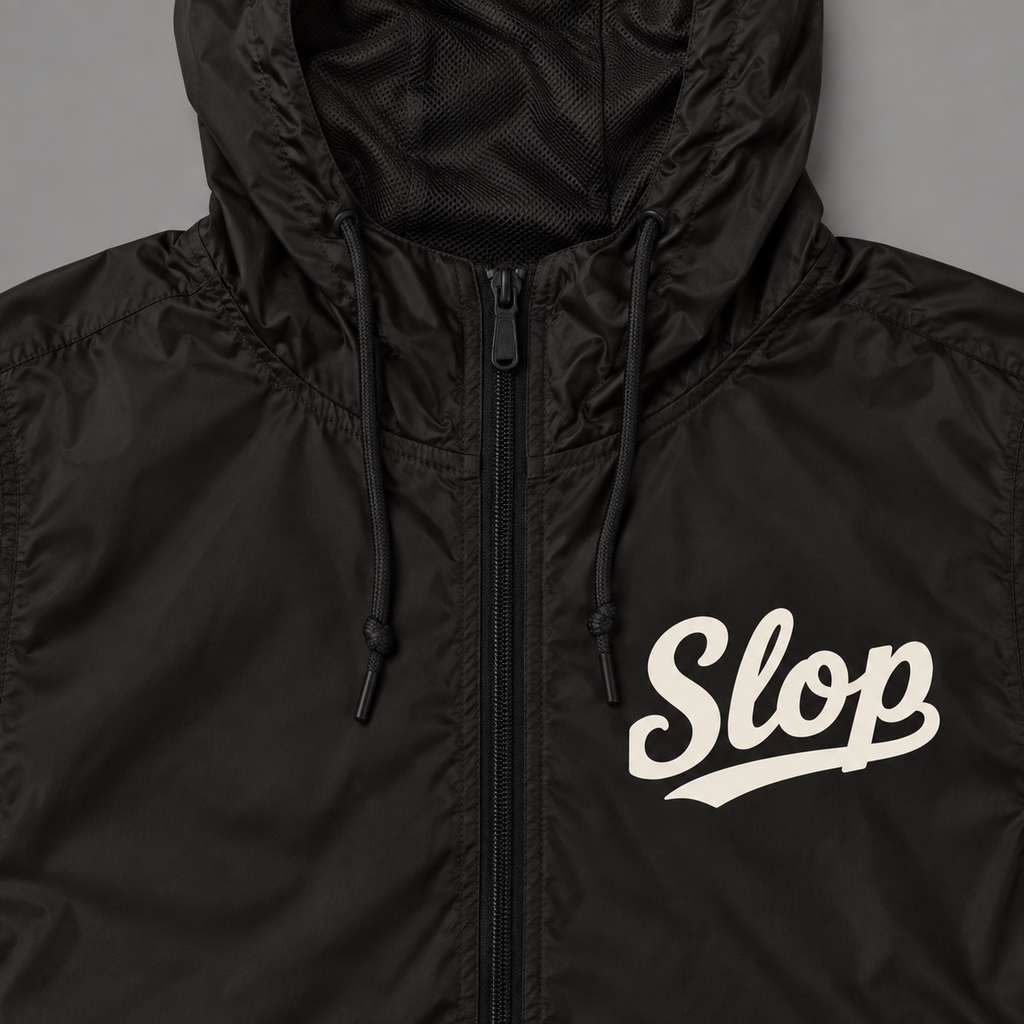 Digital mockup: 098 black garment detail v1; actual EXP54LWZ windbreaker, cream Slop on wearer-left chest only.