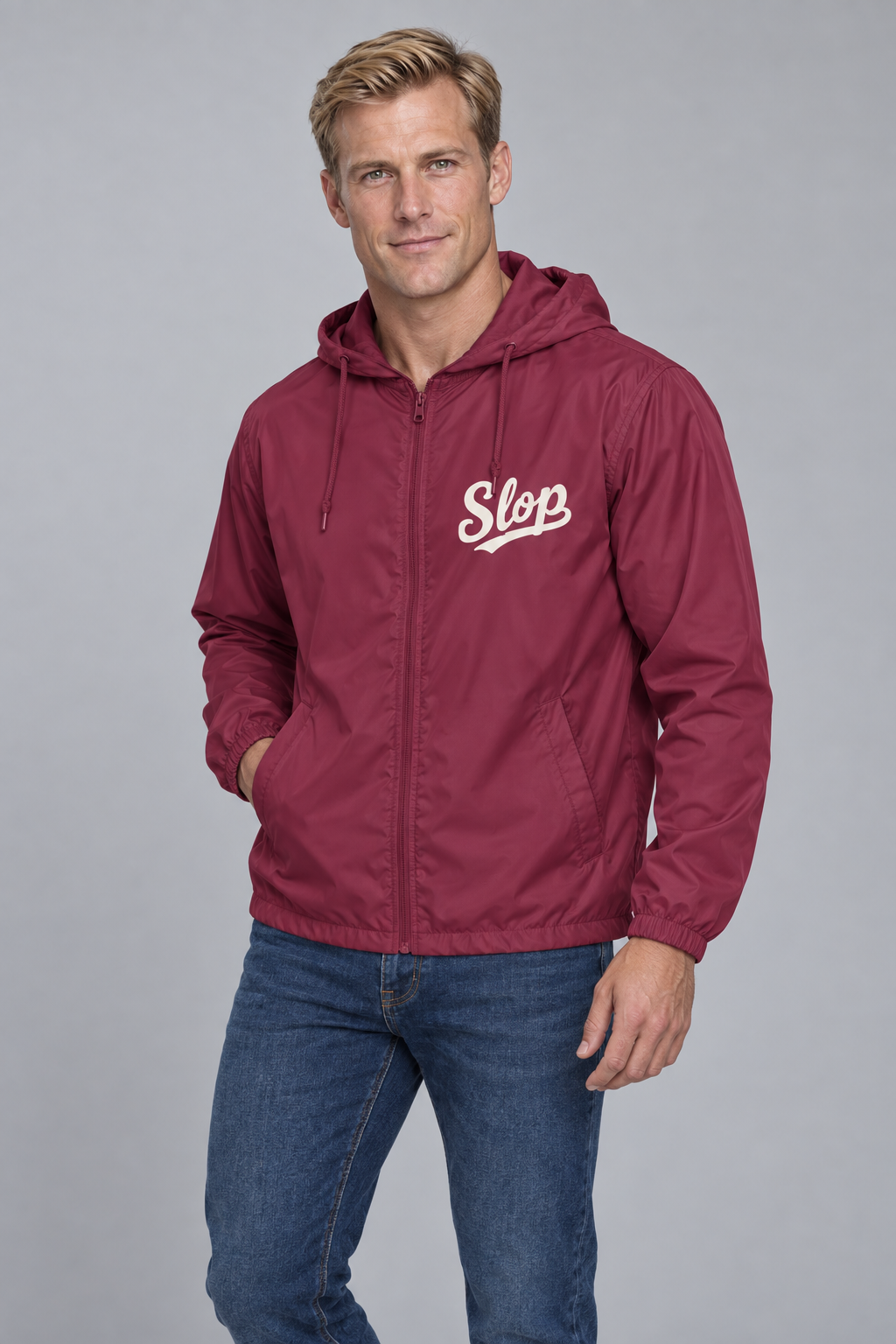 Digital mockup: 098 maroon CW M22 standing v1; actual EXP54LWZ windbreaker, cream Slop on wearer-left chest only.
