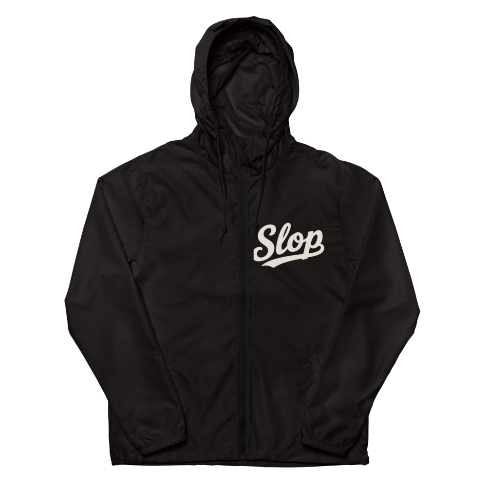Black EXP54LWZ windbreaker flat front with single chest Slop script, actual Printful proof