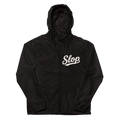 Black EXP54LWZ windbreaker flat front with single chest Slop script, actual Printful proof