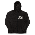 Black EXP54LWZ windbreaker flat front with single chest Slop script, actual Printful proof