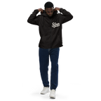 Black EXP54LWZ windbreaker model front with single chest Slop script, actual Printful proof