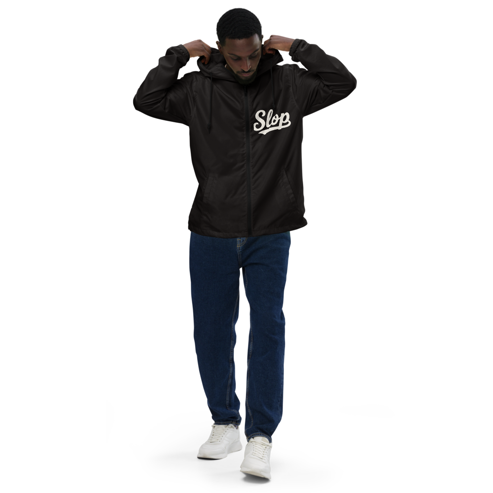 Black EXP54LWZ windbreaker model front with single chest Slop script, actual Printful proof
