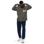 Graphite EXP54LWZ windbreaker model front with single chest Slop script, actual Printful proof