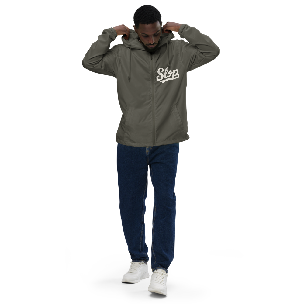 Graphite EXP54LWZ windbreaker model front with single chest Slop script, actual Printful proof
