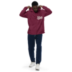 Maroon EXP54LWZ windbreaker model front with single chest Slop script, actual Printful proof