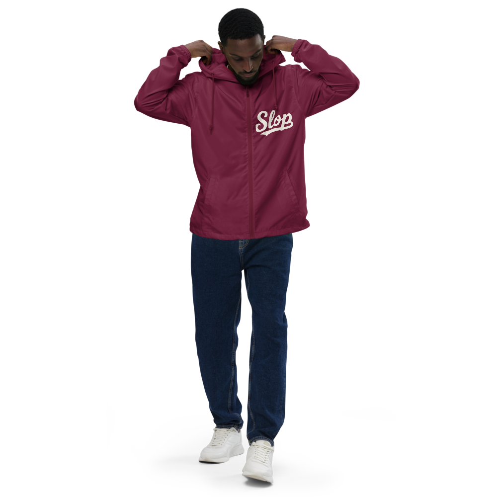 Maroon EXP54LWZ windbreaker model front with single chest Slop script, actual Printful proof