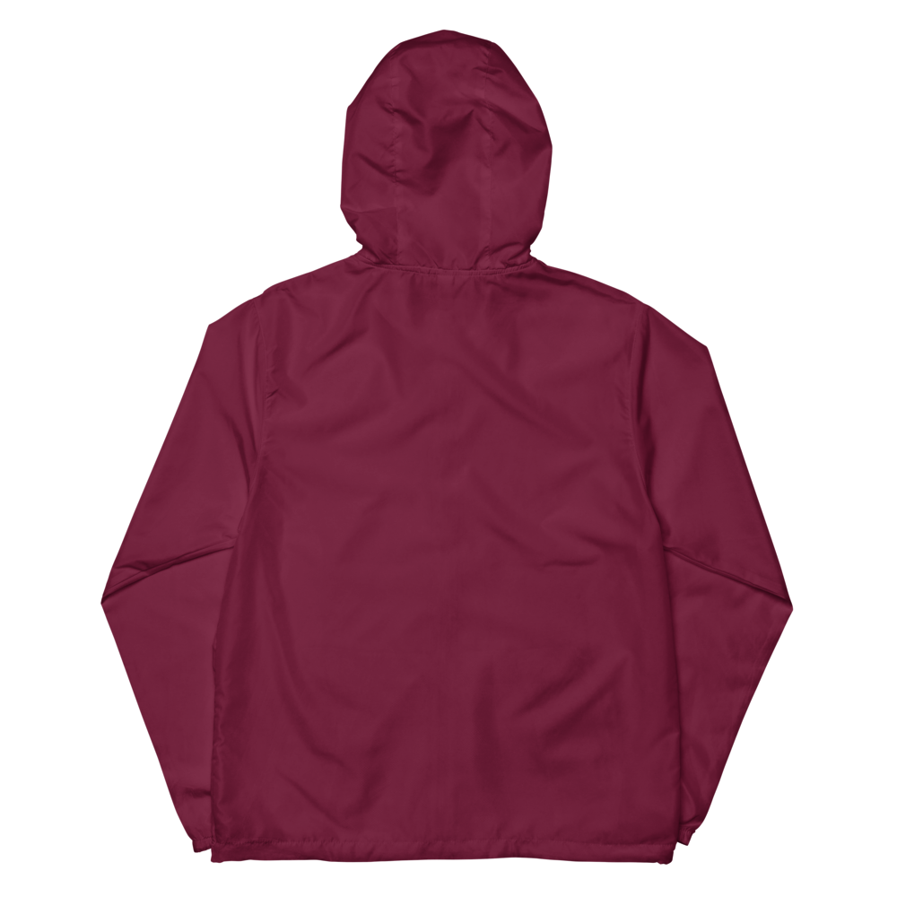 Maroon EXP54LWZ windbreaker flat blank back, actual Printful proof